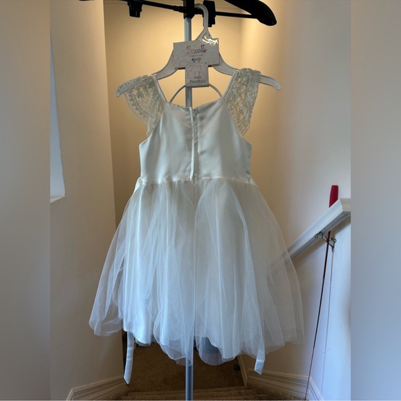 Biscotti Flower Girl White Dress with Lace Shoulders & Matching Bow Headband - Picture 2 of 14